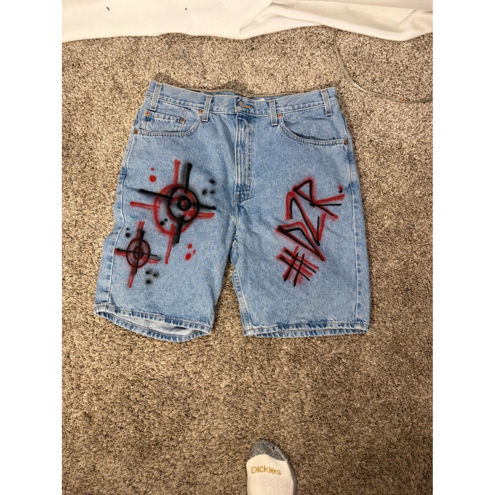 Levis 505 Mens Custom Graffiti Denim Shorts Light Wash Blue Target War Size 38